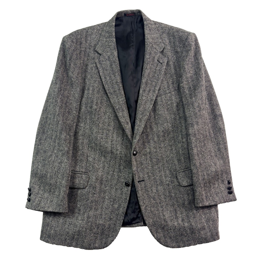 VTG 90s Black White Herringbone Tweed 46L Blazer Jacket‎ Sport Suit Coat Wool